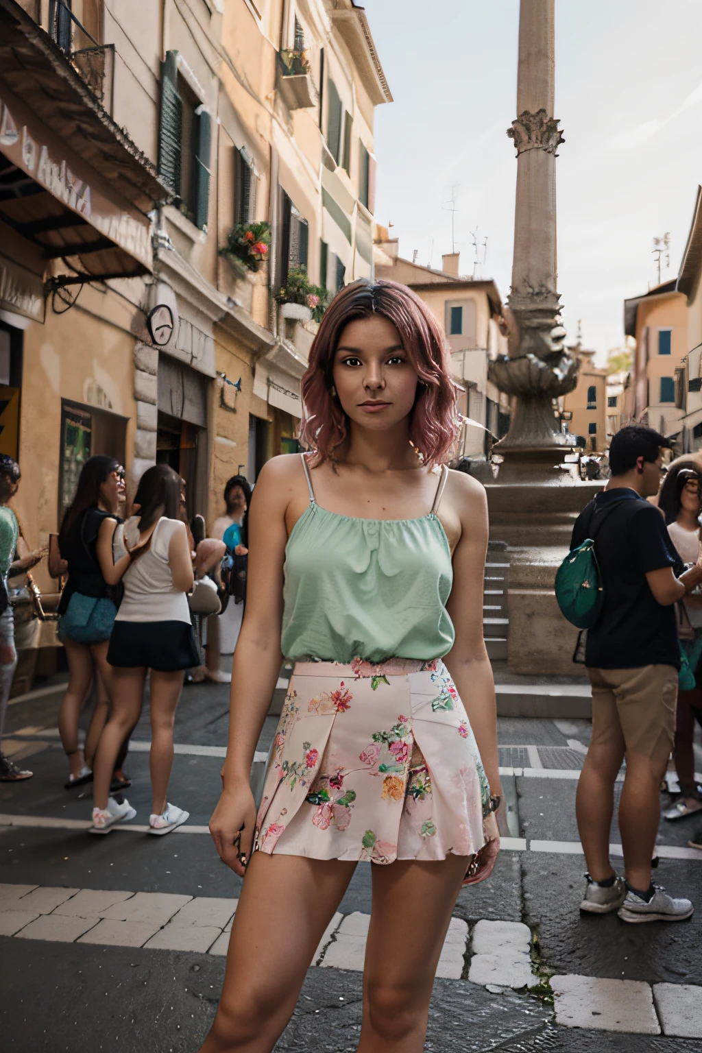 photo of young woman, (Olinka Matros), (Pink) short wavy hair, standing outside the spanish steps in Rome, busy scene in the background, wearing green flowery summer frock,, short skirt, sports shoes, slim hips, shapely legs, like a tourist, posing,  looking at the camera, people in the background, rim lighting, ultra quality, sharp focus, dof, Fujifilm XT3, Nikon d350, digital photograph, photorealistic