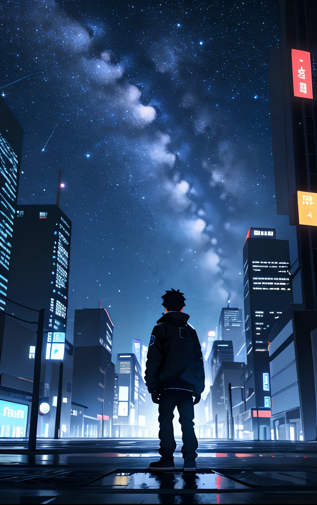 A small figure stands in the middle of a city full of technology at night,Above the sky is a vast starry sky