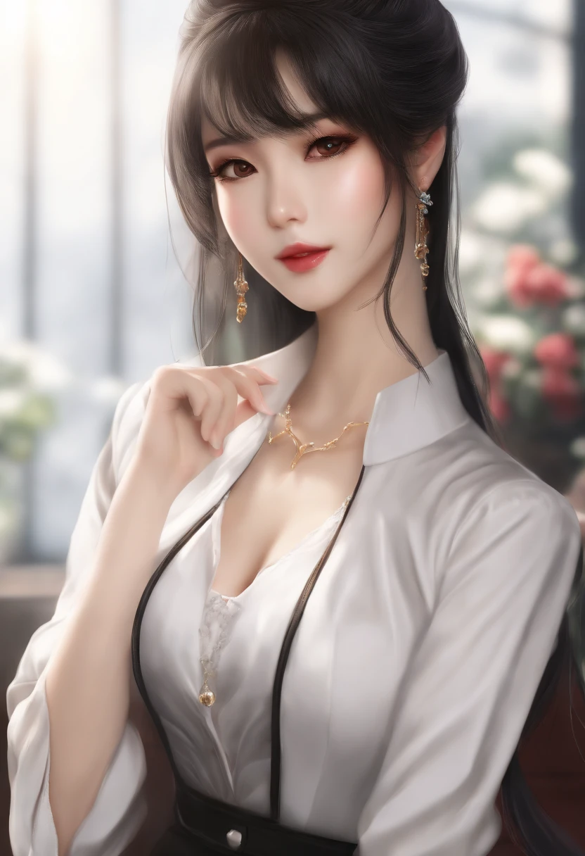 (Best Quality, Ultra-detailed, Photorealistic:1.37), nffsw, Anime-style, flowing black hair, Striking black eyes, porcelain looking skin, Beautiful and detailed eyes, japanaese girl, elegant girl, Dressed professionally dressed, Stylish white blouse and pencil skirt, Fashionable women, businesswoman, Gentle expression, Frontal shot, Medium close-up, boobgasm, Teenage atmosphere, Ponytail, archive, Small bust, zora々Bright cheeks