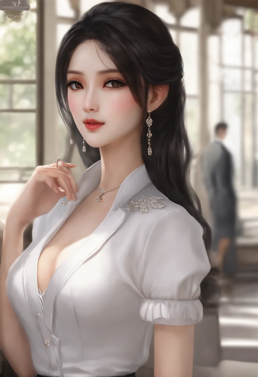 (Best Quality, Ultra-detailed, Photorealistic:1.37), nffsw, Anime-style, flowing black hair, Striking black eyes, porcelain looking skin, Beautiful and detailed eyes, japanaese girl, elegant girl, Dressed professionally dressed, Stylish white blouse and pencil skirt, Fashionable women, businesswoman, Gentle expression, Frontal shot, Medium close-up, boobgasm, Teenage atmosphere, Ponytail, archive, Small bust, zora々Bright cheeks