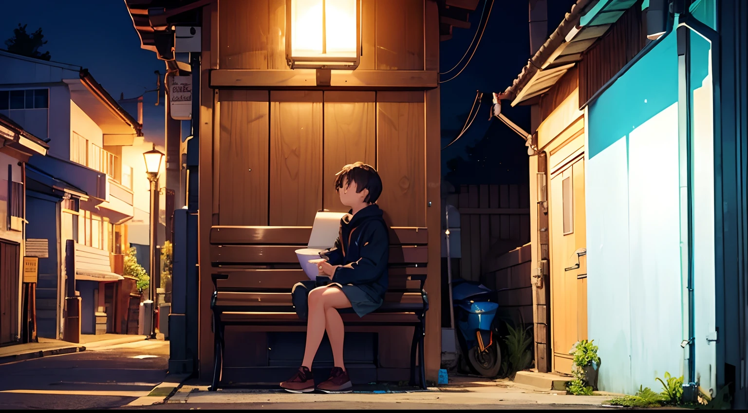 generate a image in which a boy is standing in front of a girl. girl is sitting on a bench under a street light.