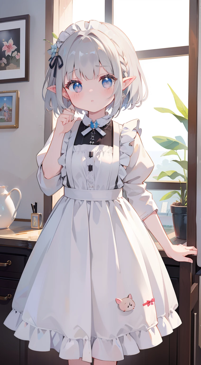 One girl、silber hair、a short bob、cute little、small tits、Elven ears、masterpiece、top-quality、Top image quality、maid clothes、Apron Dresses、frilld