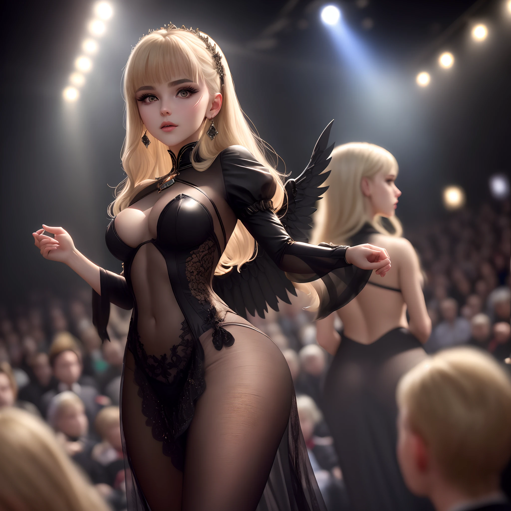 8k, masterpiece, RAW photo, en iyi kalite, fotorealistik, highly detailed CG unity 8k wallpaper, depth of field, Cinematic light, lens flaresi, ray tracing, (an extremely beautiful face, beautiful lips, Beautiful eyes), Face with intricate detail, (ultra-detailed skin), 1 girl look like a devil and gaving wings on back side, Dark, in deep shadows, beautiful ukranian girl, Ukranian model, 1 erkek, (a very fit and muscular body:1.3), (looking at the audience), (A GREAT TENACIOUS LOOK:1.3), (kolsuz), (Fashion City by Night, dark night, neon tabelalar, Blurred background), moda sokak gece, (arkada insan olmadan:1.3), beautiful earrings, bilezikler, kolye, pantyhose, clear eyes, Walking, (solgun ten), (big eyes), face forward, (upper body shot), (ipek renkli bir elbise:1.3), (blonde hair), (dar ve dantelli bir elbise), (saydam), (looking at the audience:1.3) open chest, very thin, medium-sized breasts, Don't turn your back, (Rear shot), saydam, Buttocks of medium size,.