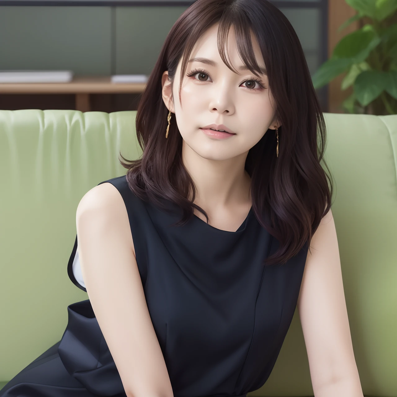 Arafe woman sitting on green sofa in black dress, female actress from korea, lee ji - eun, lee ji-eun, narumi kakinouchi, 奈良美智, Cute Korean Actress, Kiyoko Suzuki, sui ishida with black hair, Shiori Teshirogi, Kotegawa Yui