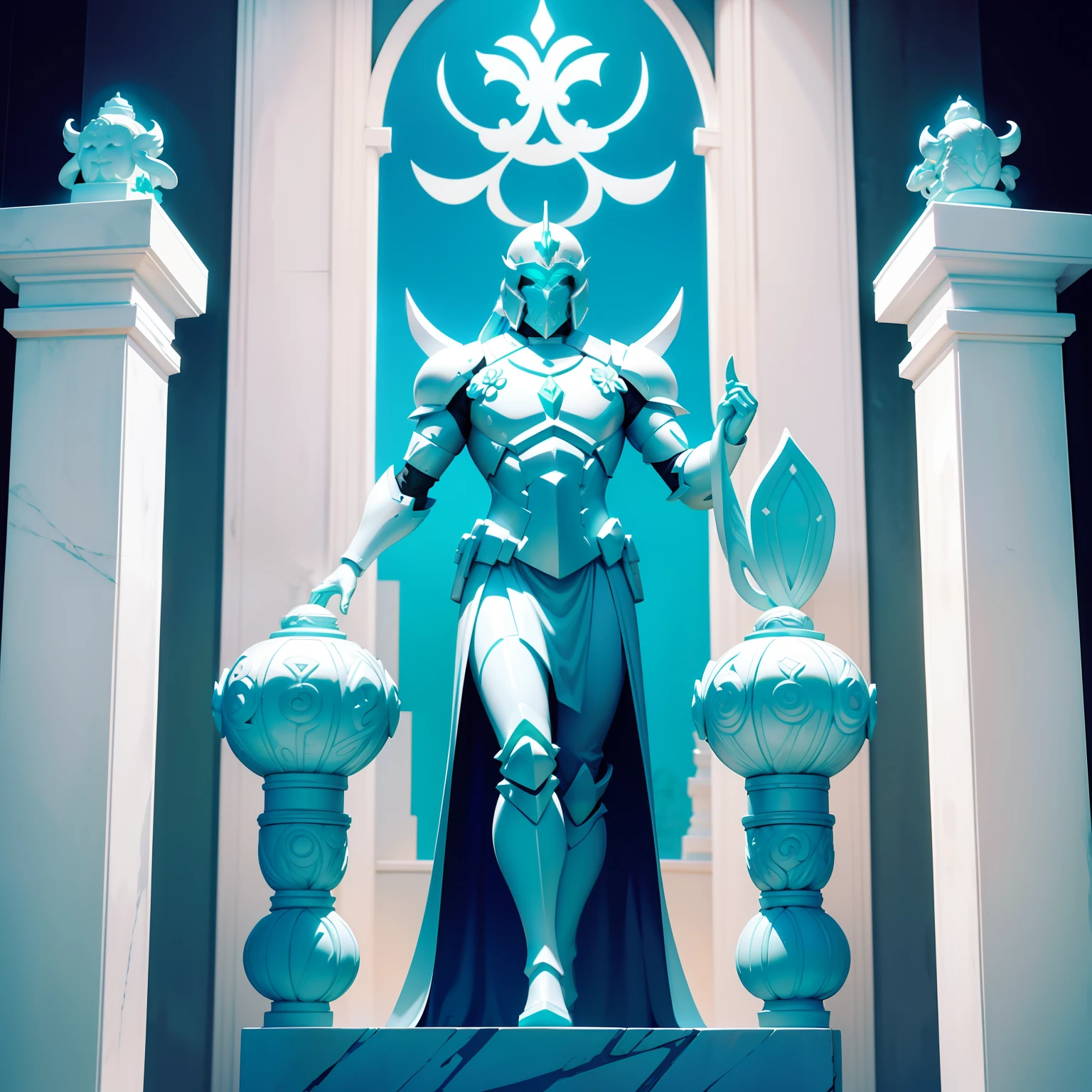 Cyan all-white white jade knight sculpture，Marble male sculpture，Tall and strong，White helmet like a flower pot，The helmet does not see the face，Sci-fi tech armor，The background is the temple，A lot of jade pillars。White all over