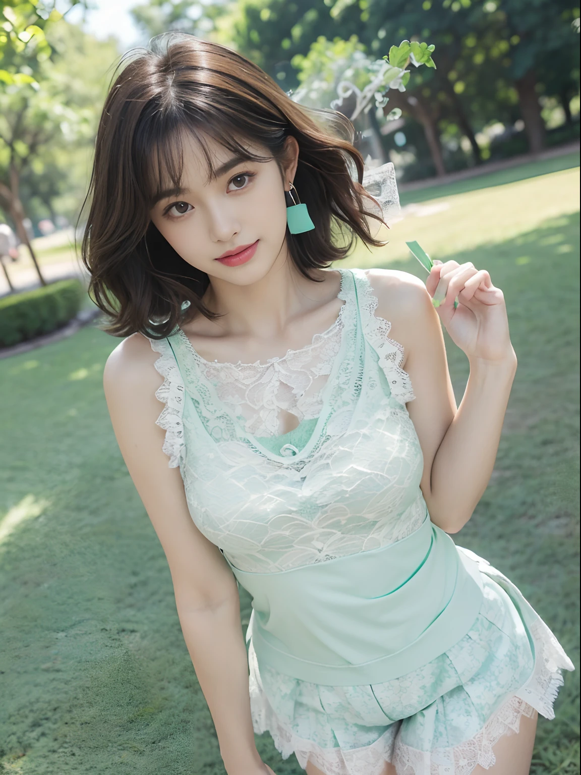 ((((top-quality))))、(((Ultra Precision CG16K Wallpapers)))、(((masterpiece)))、(((ultra-detailliert)))、(((Ultra-extreme details)))、One woman、a matural female、24-year-old woman、((Japanese face))、((extremely beautiful face))、((bob cuts:1.2))、(curly hair)、Bangs up to the eyebrows、Beautiful brown hair、Beautiful delicate eyes、Brown eyes、lofty nose、small nostrils、seductive lips、Beautiful breasts、C-cup size breasts、cleavage of the breast、Beautifully proportioned proportions、perfect anatomia、Beautiful and detailed shading、Beautiful natural lighting、Beautiful detail glow、depth of fields、(((a high chroma)))、((realisitic:1.9))、((Vivid:1.4))、((Beautiful skin))、((Skin texture))、dynamic ungle、((POV))、((Angle from the front))、((ssmile))、(Staring eyes)、Bright sunshine、((standing in park))、(Background blur)、((Mint Green Color Lace Tank Top:1.5))、(sleeveless)、(Pleated mini-skirt)、(Silver Necklace)、((2 beautiful legs))、
