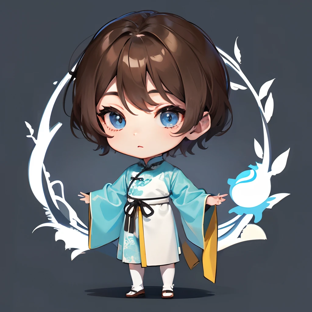 tmasterpiece、Need、(1 boy:1.8)、(tchibi:1.8),standing on your feet,Side Body,(Ancient Chinese clothes:1.2),Brown hair long,Black gradient blue eyes,white backgrounid,simplebackground