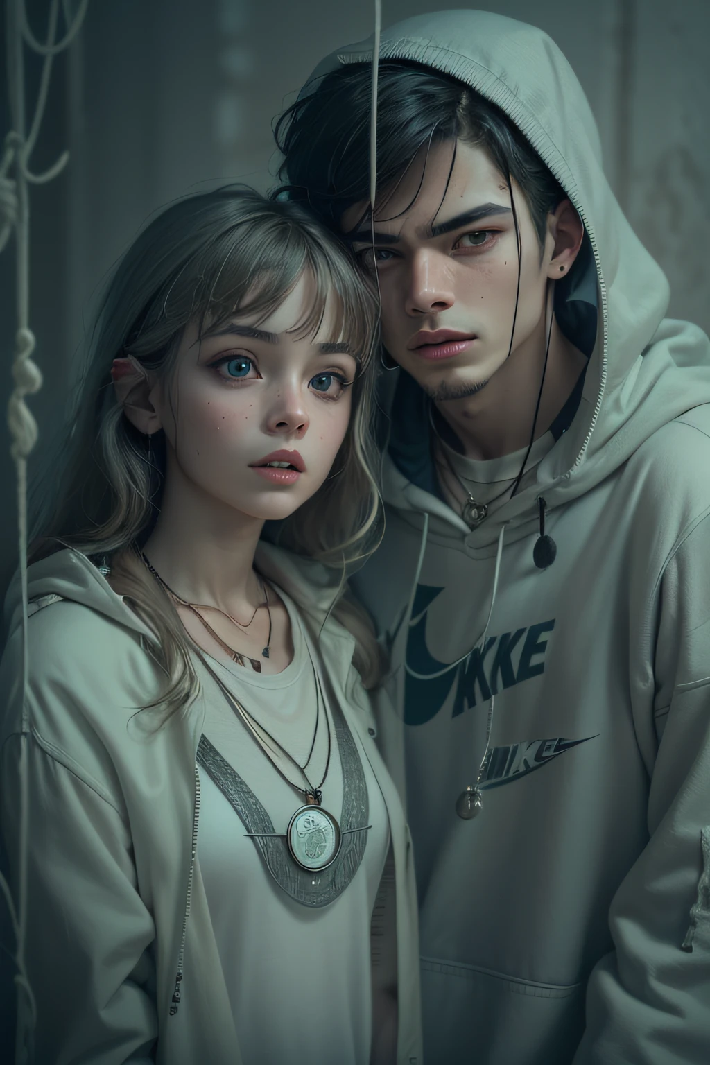 girl and boy, a couple love, 4k, very detail, realistic, necklace, many bracelet, nike shoes, full body, 25 years old, scary face, grey theme, fancy