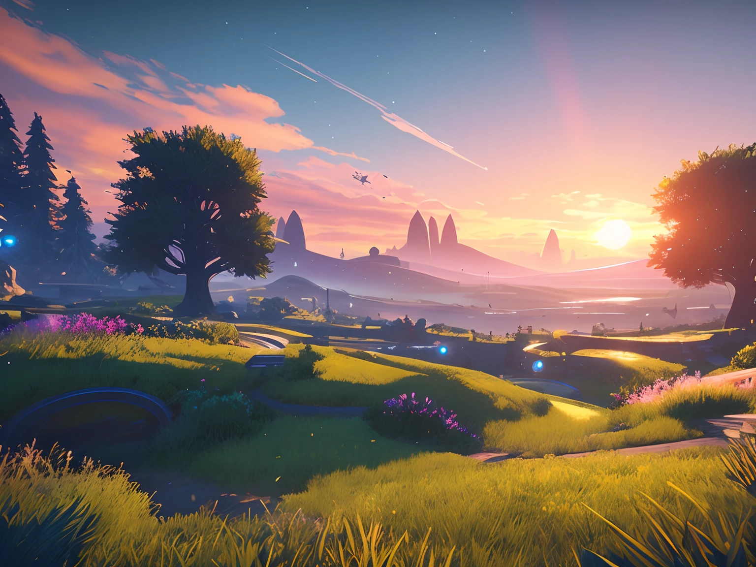 Perfect landscape, Io scenery, secret garden, sunrise, sci-fi, HDR, DOF, torches, Destiny 2 style