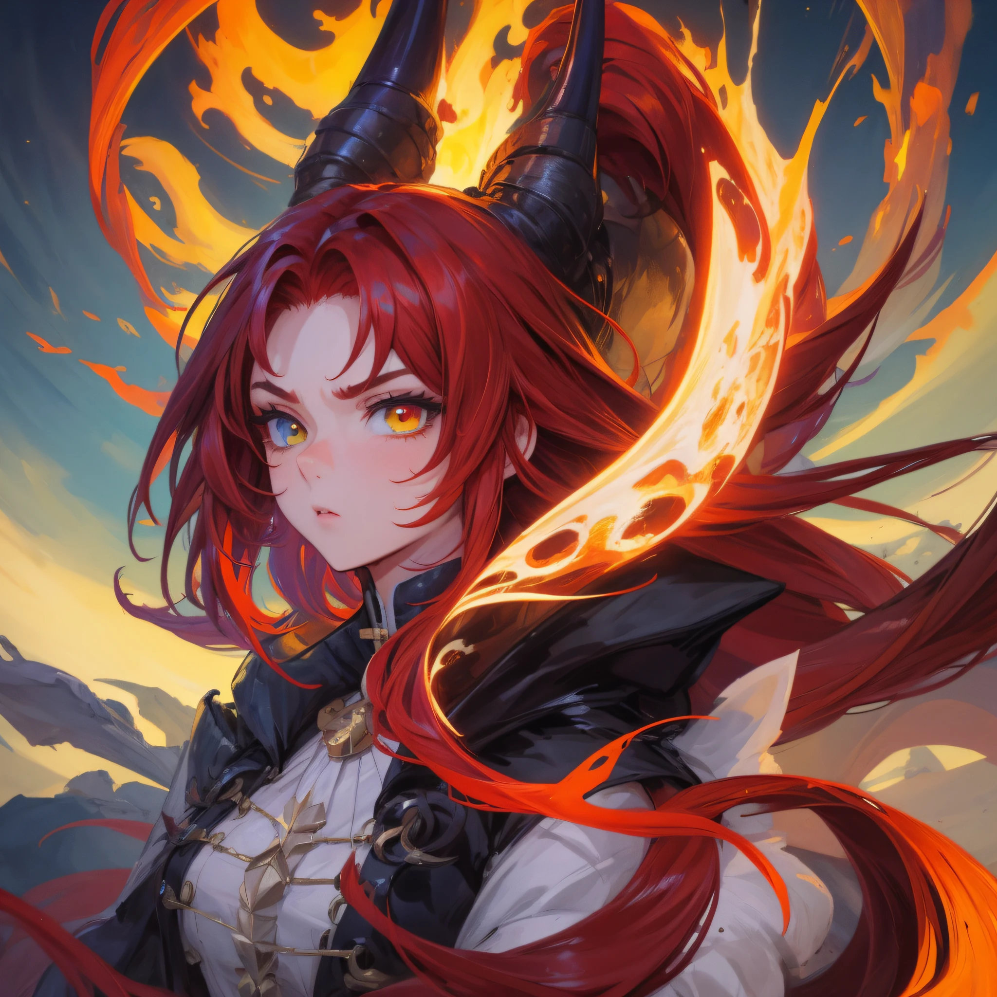 Dragon-Girl, 8-bit, deep red hair, big hair, portrait, serious face, heterochromia, one yellow eye,
