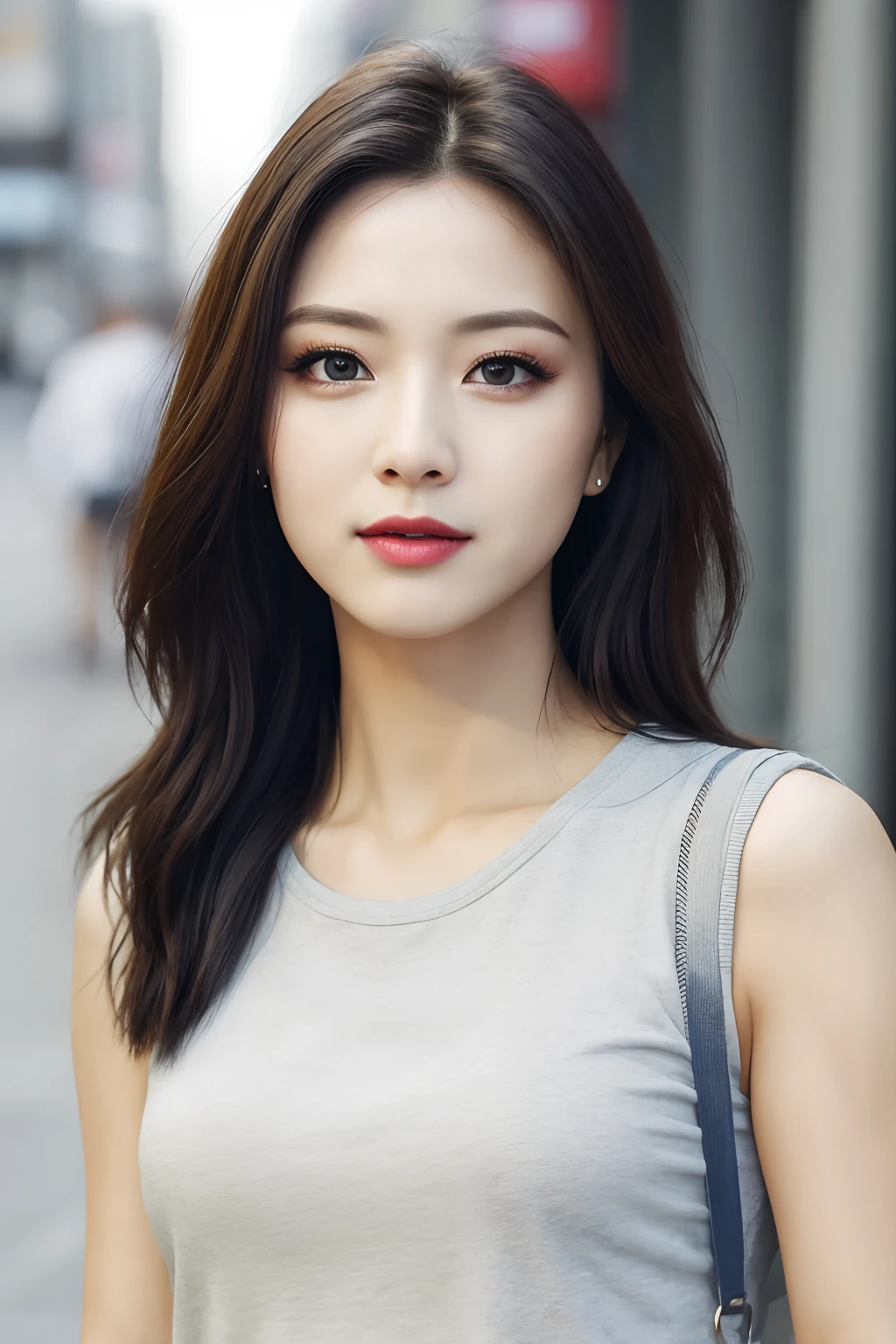 femele, (Realistic), (Hyper-Realism), (Photorealistic), depth of fields, eye make up:0.5, (Upper body:1.2), (Narrow waist:0.7), Looking at the viewer, Casual Outfit, in the city street,