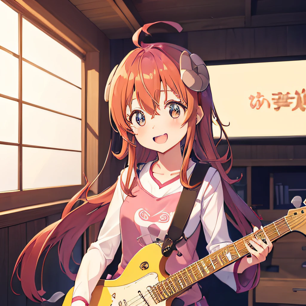 ((masutepiece)), ((Best Quality)), (Ultra-detailed), Anime style, Live performance venue,  girl s, 1girl in, Solo, Playing the guitar 00, ((Beautiful eyes))0, Smile