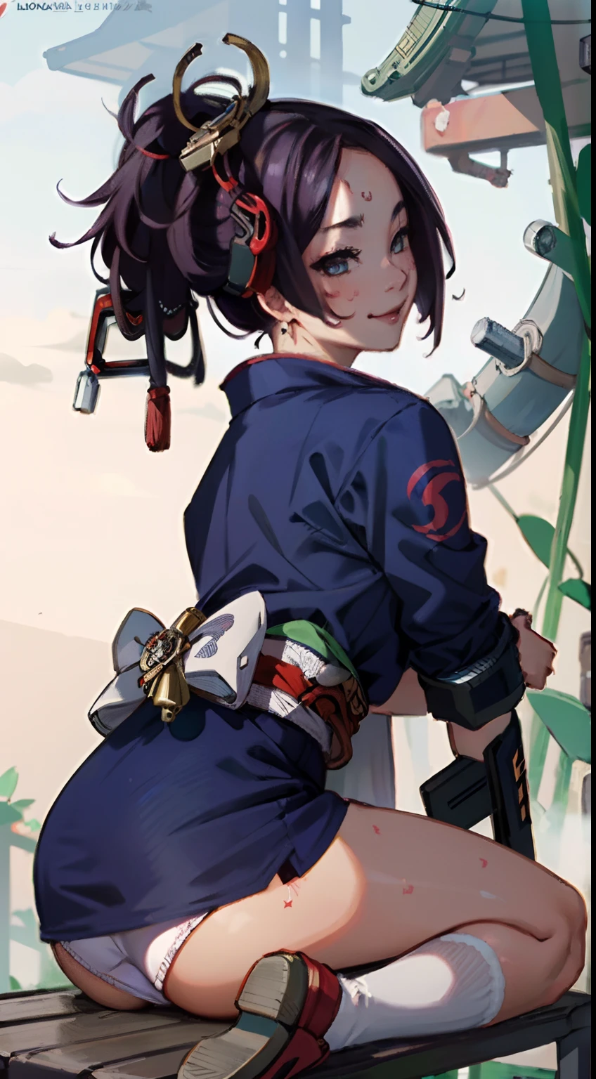masterpiece, best quality, ultra-detailed, illustration, an extremely delicate and beautiful,high resolution, ultra-detailed,,perfect face,slender perfect body, Tight belly,Toned buttocks,Constricted waist,,(cyber punk:1.5),(Oiran:1.7),(battlefield:1.3),,(colorful hair),(braided hair),(smile),(open shirt:1.2),(tattoo on thigh:1.3),(very short hair), shy daughter, short stature,(flat chest),( sweaty skin:1.2),(low view:1.5),white panties,(show off panties),(sitting)