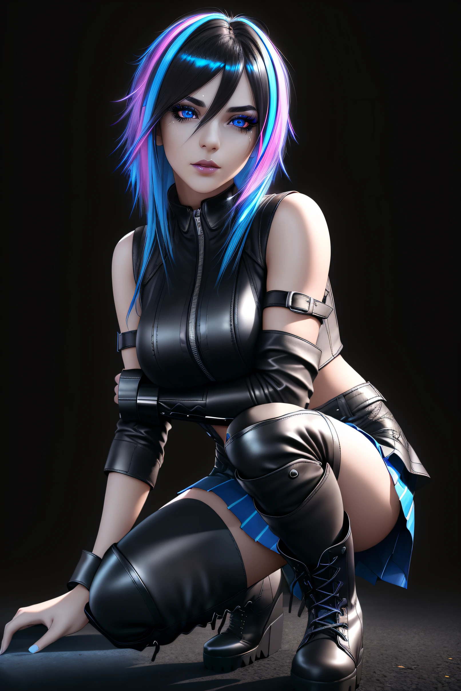 beautiful girl, full body, short bright blue neon streaked dishevelled hair, ((large light realistic detailed eyes:1.3)), ((seductive pose:0.5)), black eyeshadow, (street style wear:1.2), ((tight fitted short skirt)), ((knee high leather boots:1.3)), (dark city night black background:1.4), dark makeup, digital art, trending on artstation, highly detailed, fine detail, intricate, beautiful detailed glow, detailed, Cinematic light, high-res, detailed facial features, sharp focus, smooth, aesthetic,