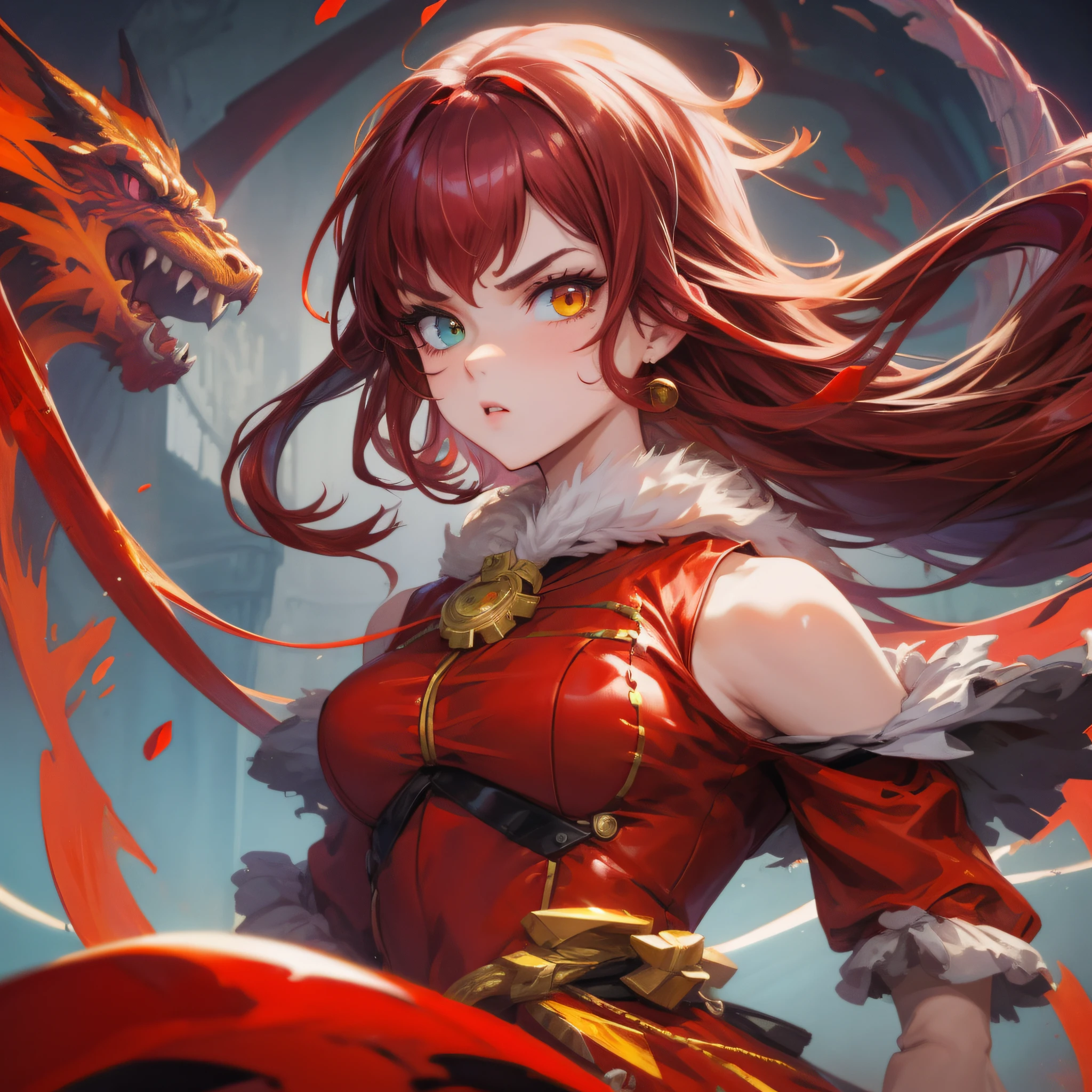 Dragon-Girl, 8-bit, deep red hair, big hair, portrait, serious face, heterochromia, one yellow eye,