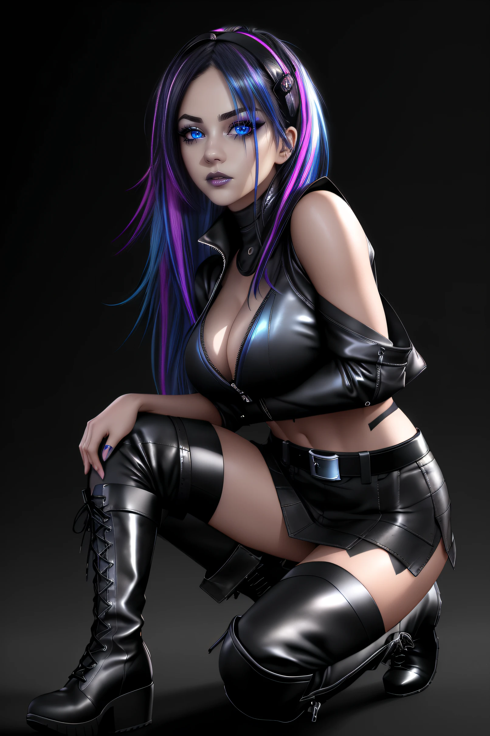 beautiful girl, full body, short bright blue neon streaked dishevelled hair, ((large light realistic detailed eyes:1.3)), ((seductive pose:0.5)), black eyeshadow, (street style wear:1.2), ((tight fitted short skirt)), ((knee high leather boots:1.3)), (dark city night black background:1.4), dark makeup, digital art, trending on artstation, highly detailed, fine detail, intricate, beautiful detailed glow, detailed, Cinematic light, high-res, detailed facial features, sharp focus, smooth, aesthetic,