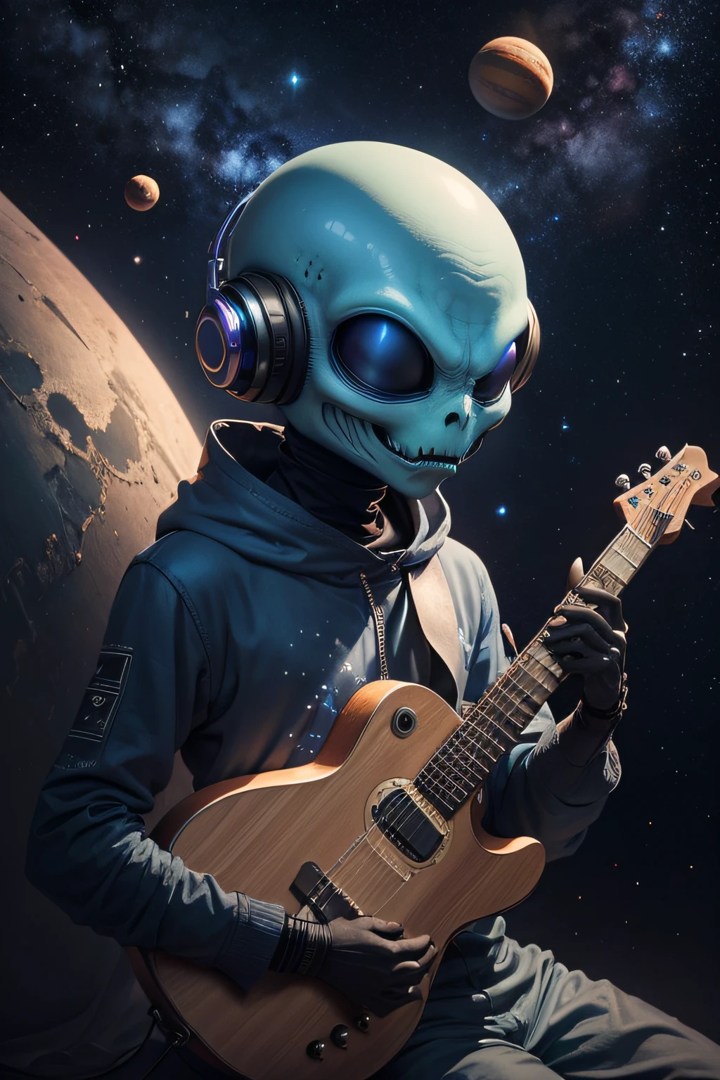 An alien plays music on his planet and sings, stars and planets observe him