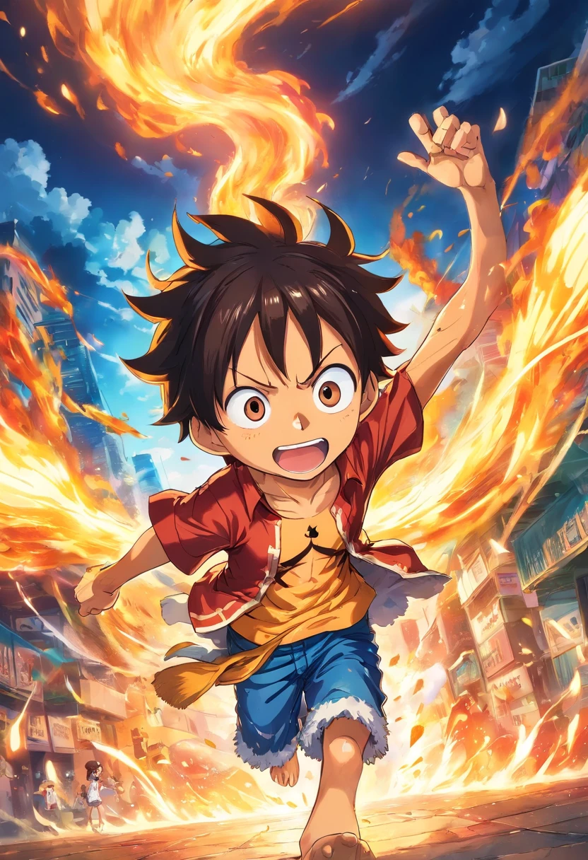 Create an exciting poster with Luffy from "one piece" em um ataque de raiva, wolf-headed. Capture the essence of his fiery determination and unyielding spirit as he unleashes his wrath on his enemies. Mantenha-o curto, ousado, e intenso para transmitir o poder bruto da raiva de Luffy. formata chibi, anime