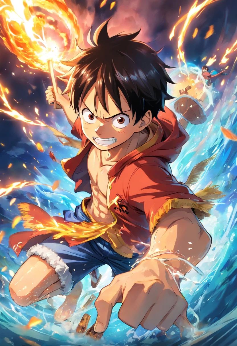 Create an exciting poster with Luffy from "one piece" em um ataque de raiva, wolf-headed. Capture the essence of his fiery determination and unyielding spirit as he unleashes his wrath on his enemies. Mantenha-o curto, ousado, e intenso para transmitir o poder bruto da raiva de Luffy. formata chibi, anime