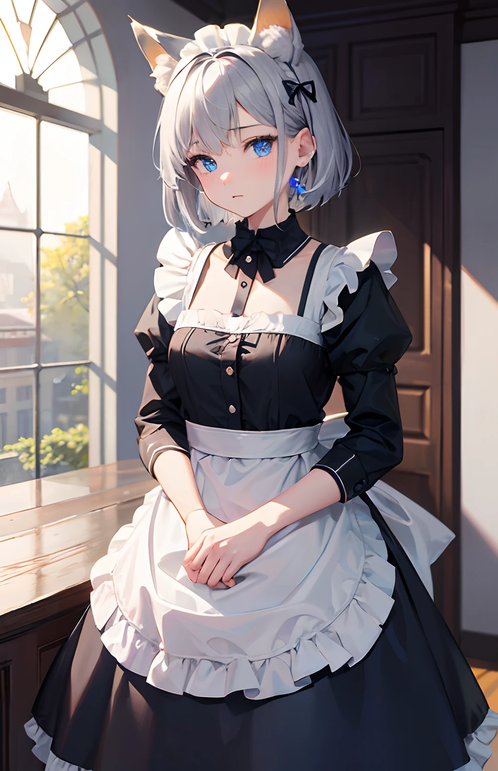 ​masterpiece,Top image quality,hight resolution,imagem 4k,Raw photo,Photorealsitic,{Solo},teens girl,silber hair,Bery short hair,stare at each other,Blue eyes,小柄,Silver fox ears,Fox tail,,Shy face,,boyish,maid clothes,Apron Dresses,frilld