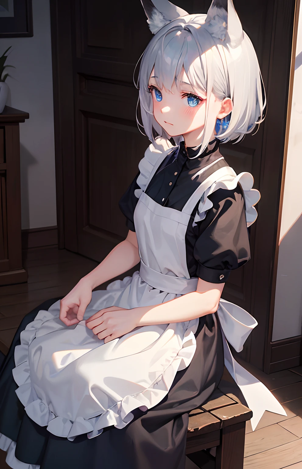 masterpiece,Top image quality,hight resolution,imagem 4k,Raw photo,Photorealsitic,{Solo},s girl,silber hair,Bery short hair,stare at each other,Blue eyes,小柄,Silver fox ears,Fox tail,,Shy face,,boyish,maid clothes,Apron Dresses,frilld
