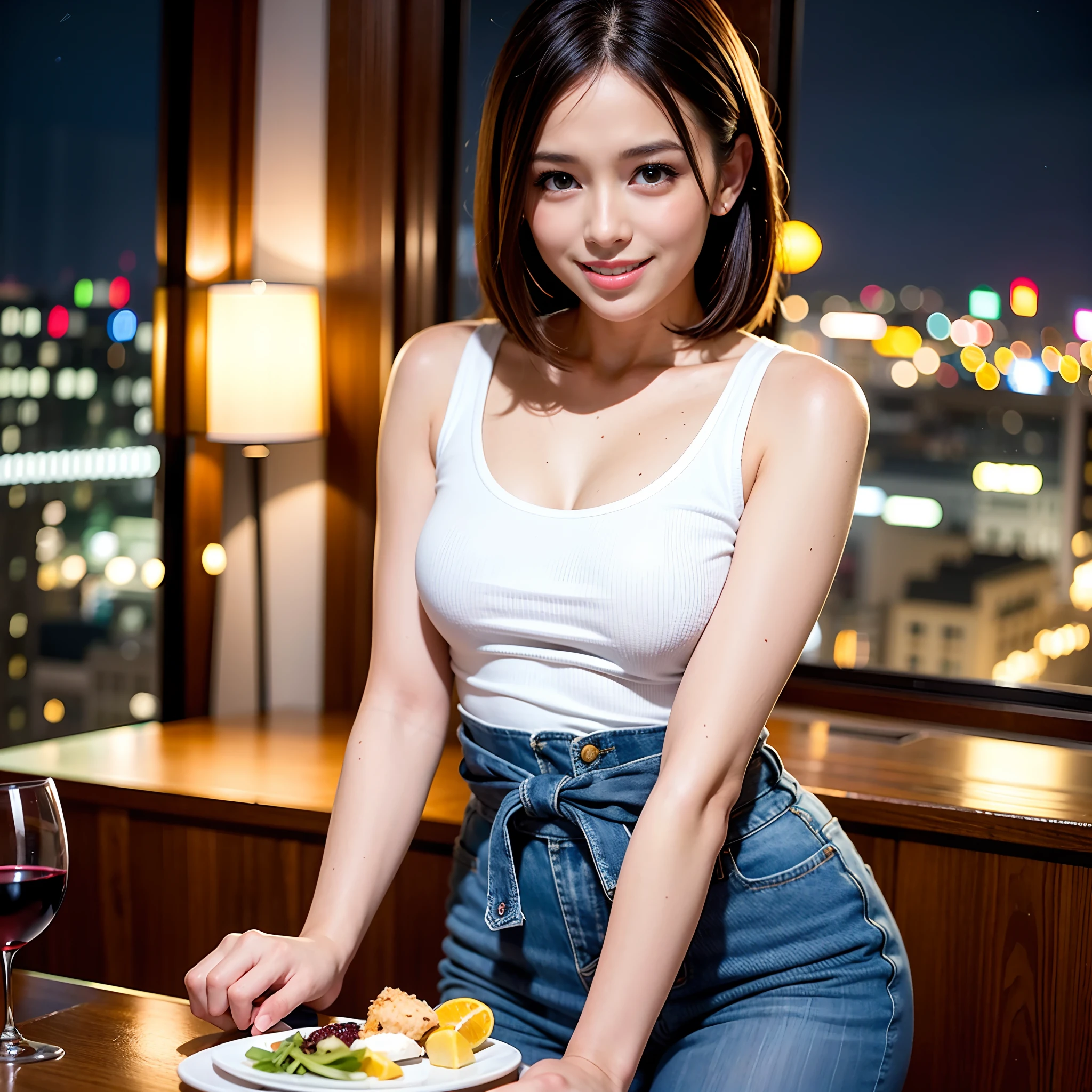 (64K, UHD, top quality, masterpiece: 1.2), (realistic, photorealistic: 1.37), super detailed, pretty woman 1 person, (slim face), (slim body), (brown hair), (short cut), cheeks slightly blushing, (35 years old), 38 years old, solo, beautiful detailed urban night view outside the window, restaurant, wine glasses sit, at night, in a prominent place (from the waist up) NovaFrogStyle, Actress, Model, Waist Up, White Wine, Slim, Wine Glass, Super Clean Night View, Wine Glass Put in the Middle, Happy Smile, (Smile: 1.15), Beautiful Fine Eyes, Upper Body, Bust Japan Up, Night, Short, Short, Actress, Model, Waist Up, White Wine, Slim, Wine Glass, Super Clean Night View, Wine Glass Put in the Middle, Happy Smile,