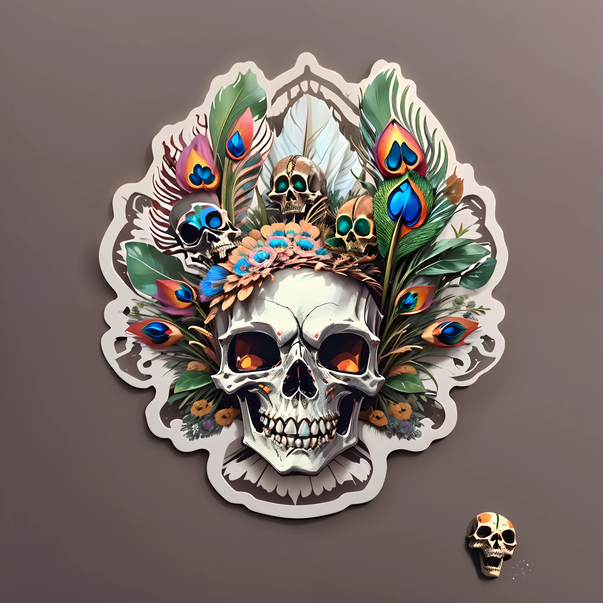 sticker design,Sticker white border,metal skull,joyful expressions,Peacock feather decoration,Plastic polished surface,Steampunk master creations