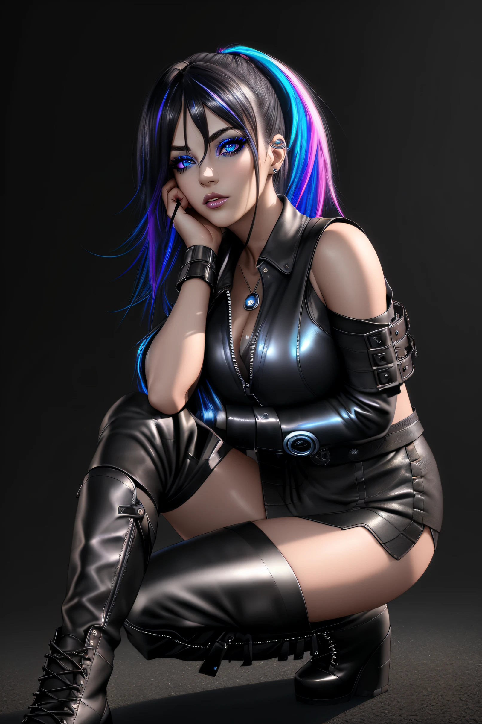 beautiful girl, full body, short bright blue neon streaked dishevelled hair, ((large light realistic detailed eyes:1.3)), ((seductive pose:0.5)), black eyeshadow, (street style wear:1.2), ((tight fitted short skirt)), ((knee high leather boots:1.3)), (dark city night black background:1.4), dark makeup, digital art, trending on artstation, highly detailed, fine detail, intricate, beautiful detailed glow, detailed, Cinematic light, high-res, detailed facial features, sharp focus, smooth, aesthetic,