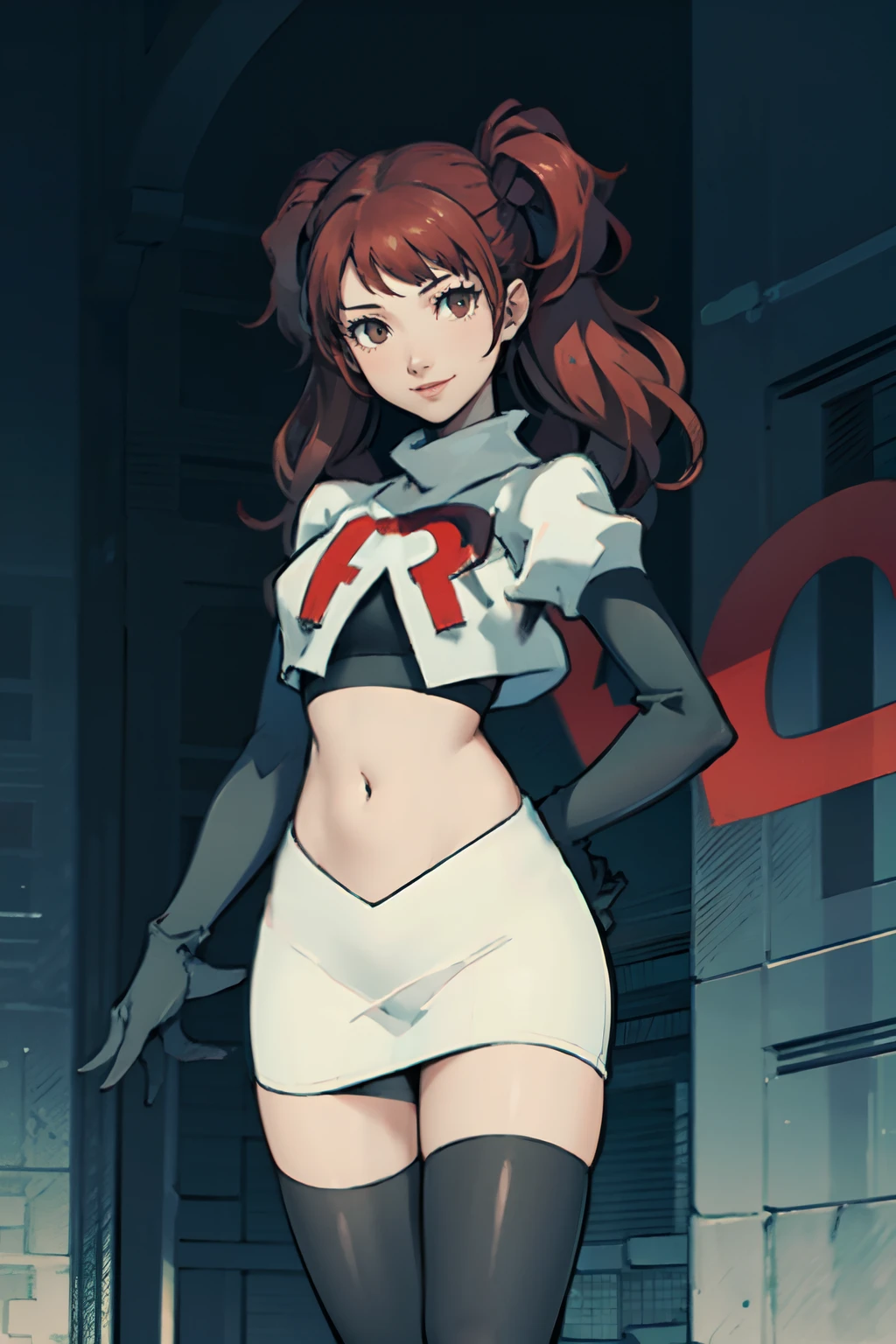 risekujikawa, 1girl,team rocket,team rocket uniform,white skirt,crop top,black thigh-highs,black elbow gloves ,evil smile