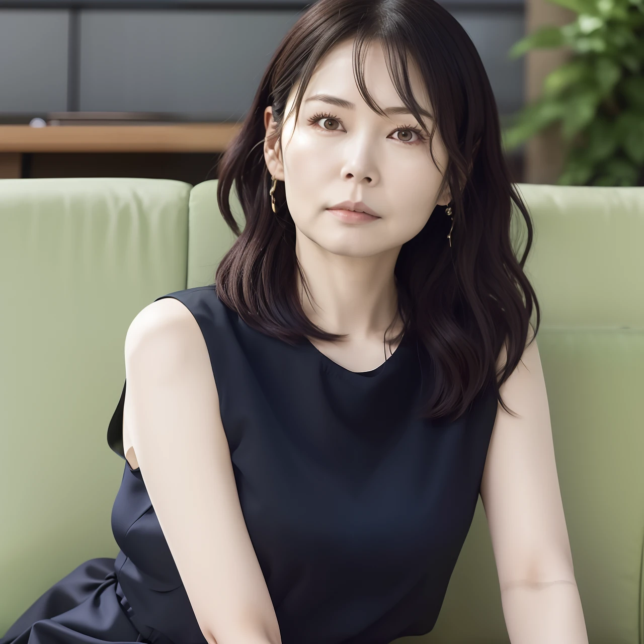 Arafe woman sitting on green sofa in black dress, female actress from korea, lee ji-eun, lee ji - eun, narumi kakinouchi, 奈良美智, Cute Korean Actress, Kiyoko Suzuki, sui ishida with black hair, Shiori Teshirogi, Kotegawa Yui