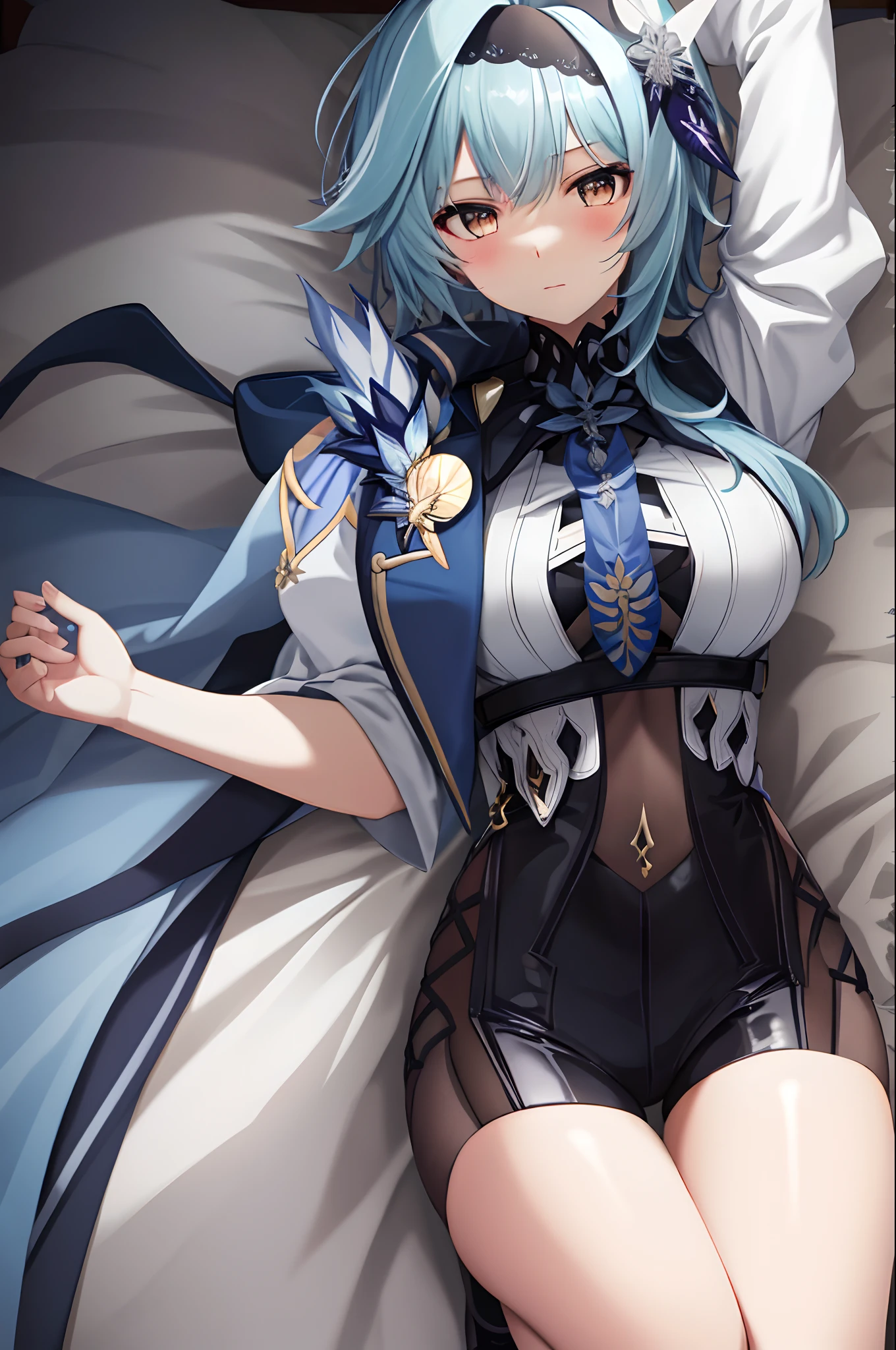 solo girl, in bed, blue sea hair and yellow eyes, light shirt and no bra, anime visual of a cute girl, screenshot from the anime film, & her expression is solemn, in the anime film, in an anime, anime visual of a young woman, she has a cute expressive face, still from anime, big breast, red cheek, lustful face, fair skin