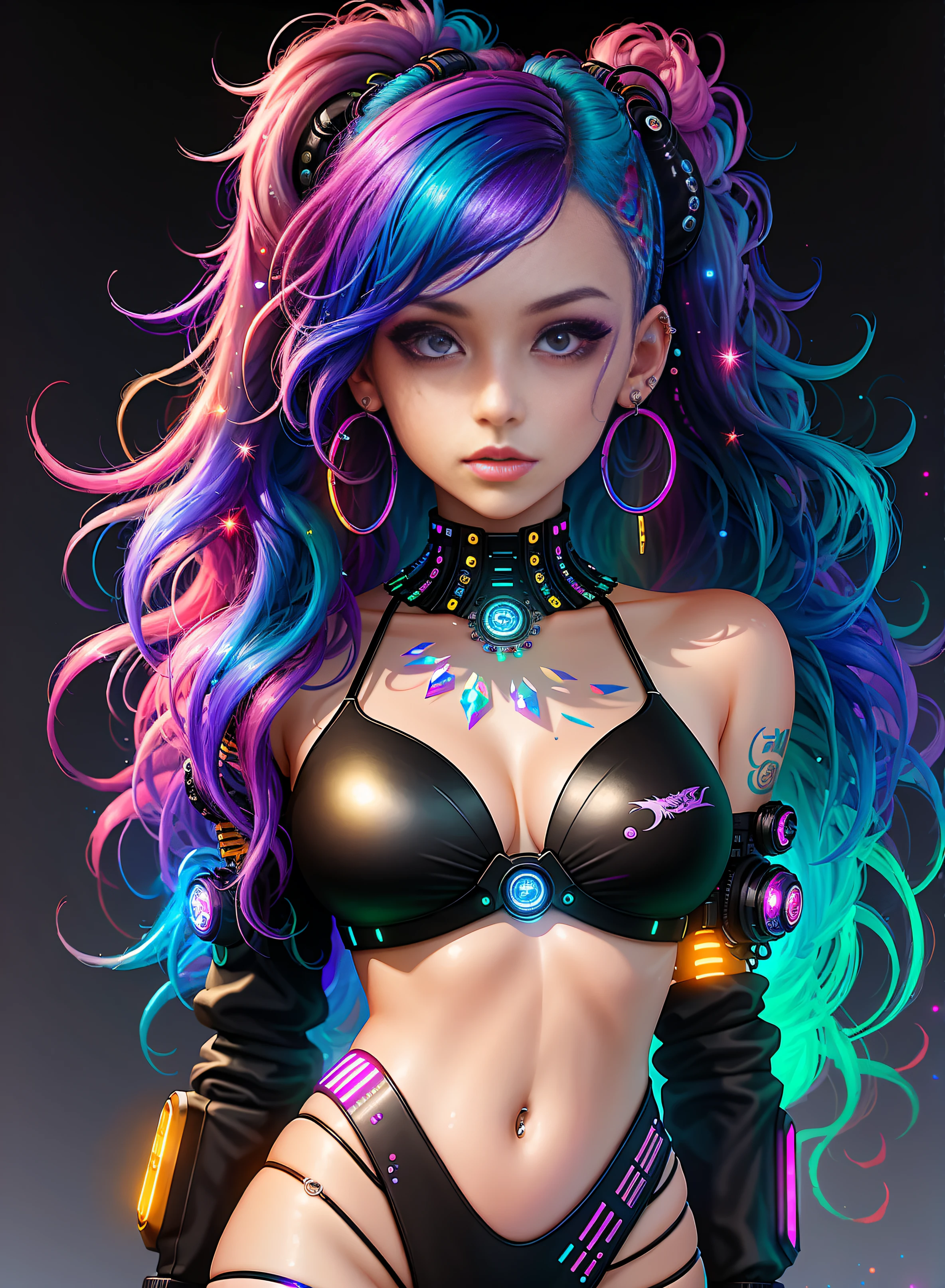 ((best quality)), ((masterpiece)), ((realistic)), (detailed), (1 girl) full body woman with colorful hair and piercings, dreamy cyberpunk girl, 4K high-detail digital art, stunning digital illustration, stunning 8K artwork, colorful digital fantasy art, colorful and dark, beautiful digital artwork, colorful digital painting, cyberpunk digital anime art, girl with luminous wave, 8K HD digital wallpaper art, gorgeous digital painting