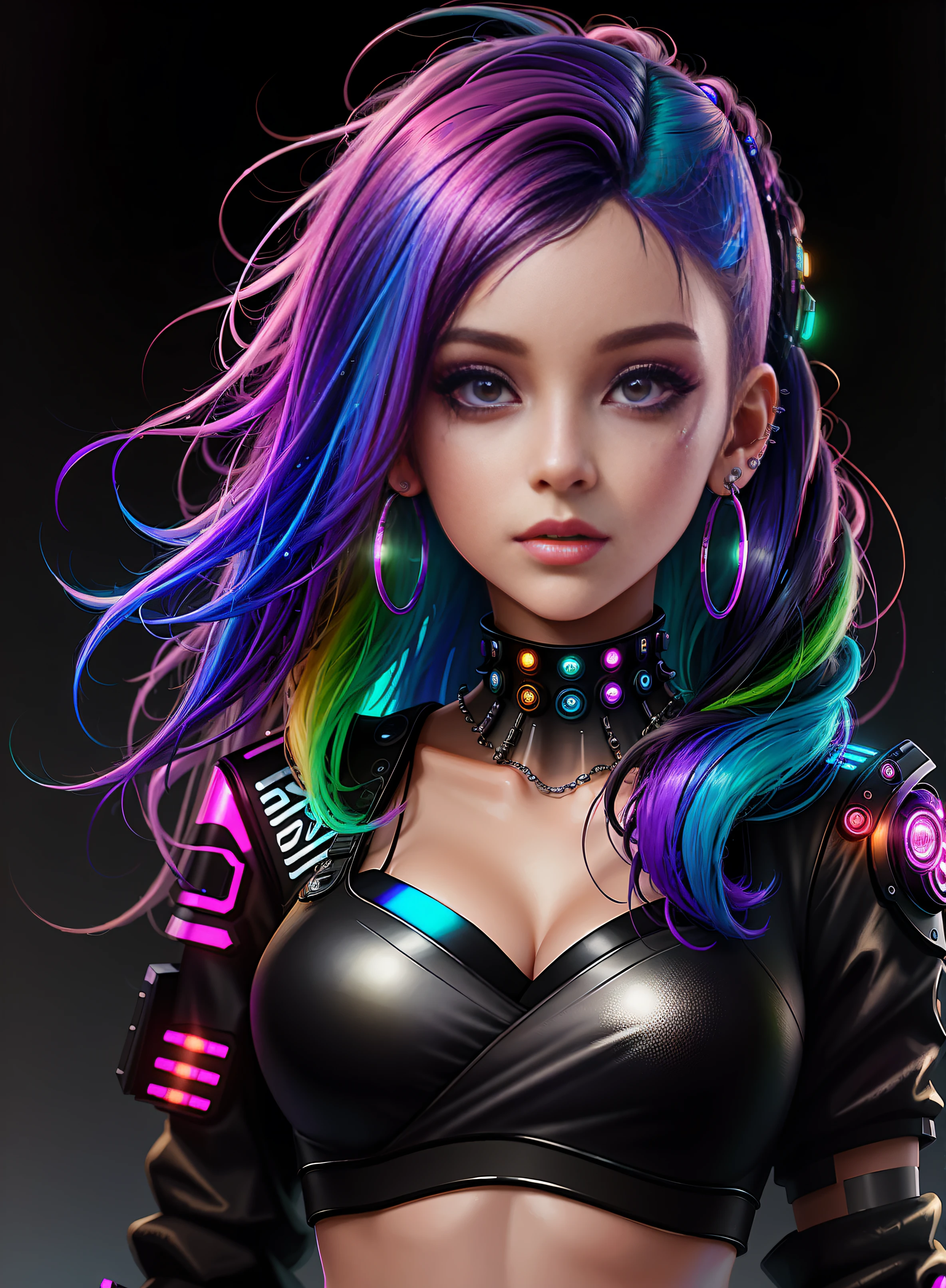 ((best quality)), ((masterpiece)), ((realistic)), (detailed), (1 girl) full body woman with colorful hair and piercings, dreamy cyberpunk girl, 4K high-detail digital art, stunning digital illustration, stunning 8K artwork, colorful digital fantasy art, colorful and dark, beautiful digital artwork, colorful digital painting, cyberpunk digital anime art, girl with luminous wave, 8K HD digital wallpaper art, gorgeous digital painting