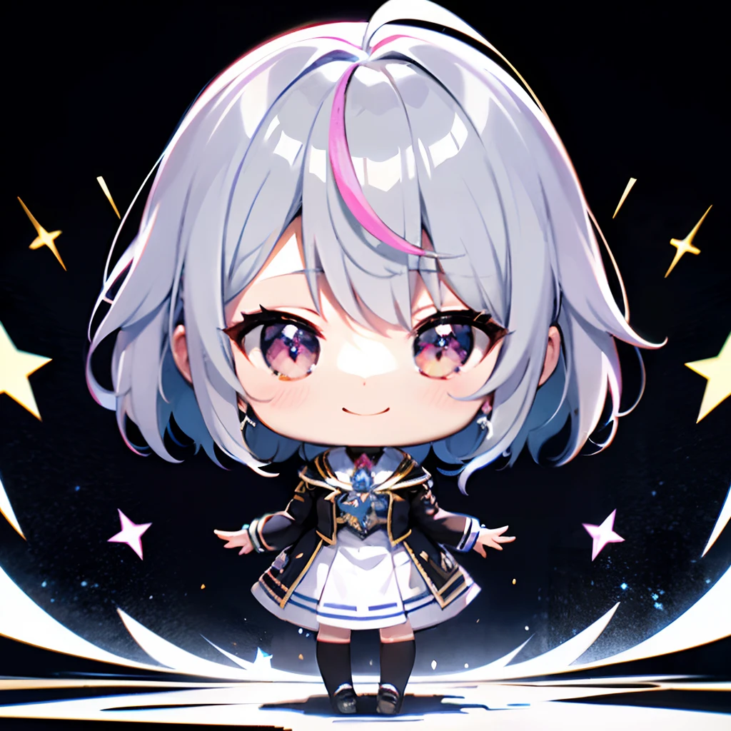 超A high resolution, Best aesthetic, Top quality depiction of the foot, Put on a jacket,  Black and blue hair on the back, Flat Avatar,  Anime visuals of cute girls, Cute art style, Chibi,  Shorthair, Ahoge, is shy, A smile, hair adornments,Chest out, absurderes, superfine illustration,rainboweffect, hight resolution, ultra-detailliert,Light diffusion,highly detailed light reflection, Kaleidoscope, Harmonious, Best Shadow, highly detailed very beautiful big smile face, ;D, beautiful growing crystal diamond star pupil,look at viewr, beautiful detailed hair, Solo, Dynamic Pose, beautiful detailed pink and black ribon, beautiful detailed High school uniform, Fantastic and sparkling throughout、Shooting stars and windy background detail background