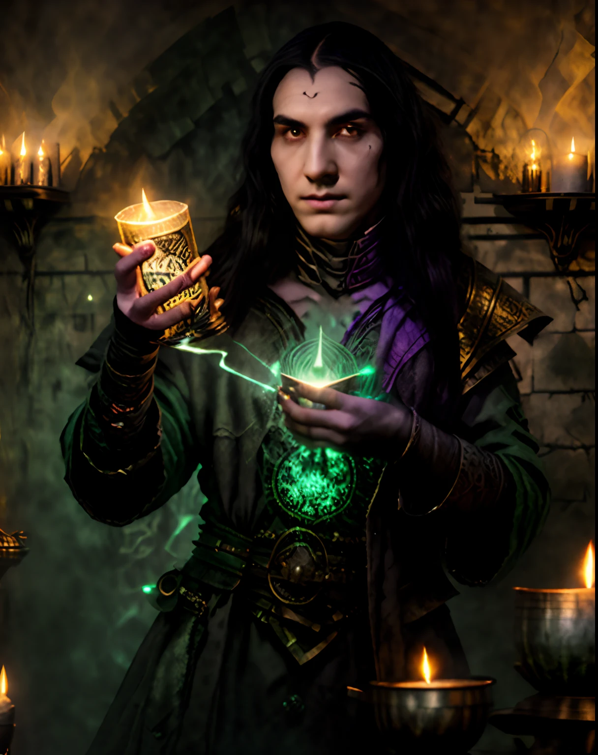 Young Necromancer Apprentice, with long black hair and green eyes,,How to Draw a Line on a Magic Scroll,next to the boiler, filled with a mysterious black liquid,,Surrounded by dim candlelight and flickering shadows,,in a dusty and cluttered office,,Experimenting with Ancient and Forbidden Rituals,Absolute concentration in his eyes,And a scar on my cheek,