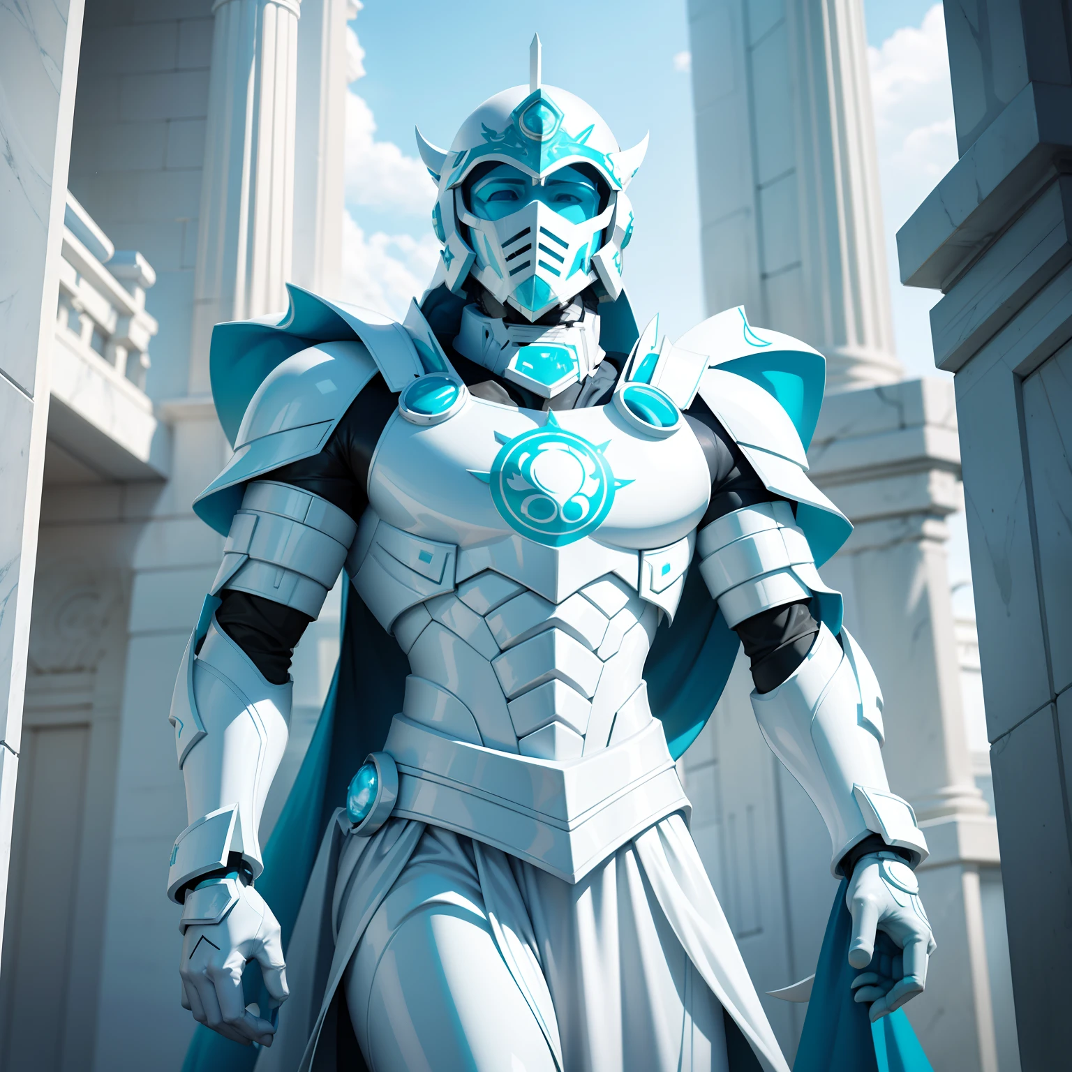 Cyan all-white white jade knight sculpture，Marble male sculpture，Tall and strong，White helmet like a kettle，The helmet does not see the face，Sci-fi tech armor，The background is the temple，A lot of jade pillars。White all over