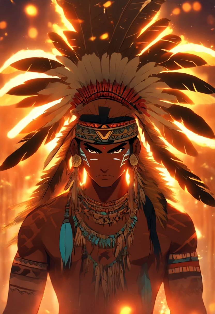 (((Indigenous Xavante))) best quality, very high resolution, detailed CG in 4K, masterpiece, Guarani mythology, sun god, Guaraci, yellow feathers, Brazilian native, Brazil, standing pose, Mayan clothing, aesthetics, beautiful image, centered on screen , standing pose