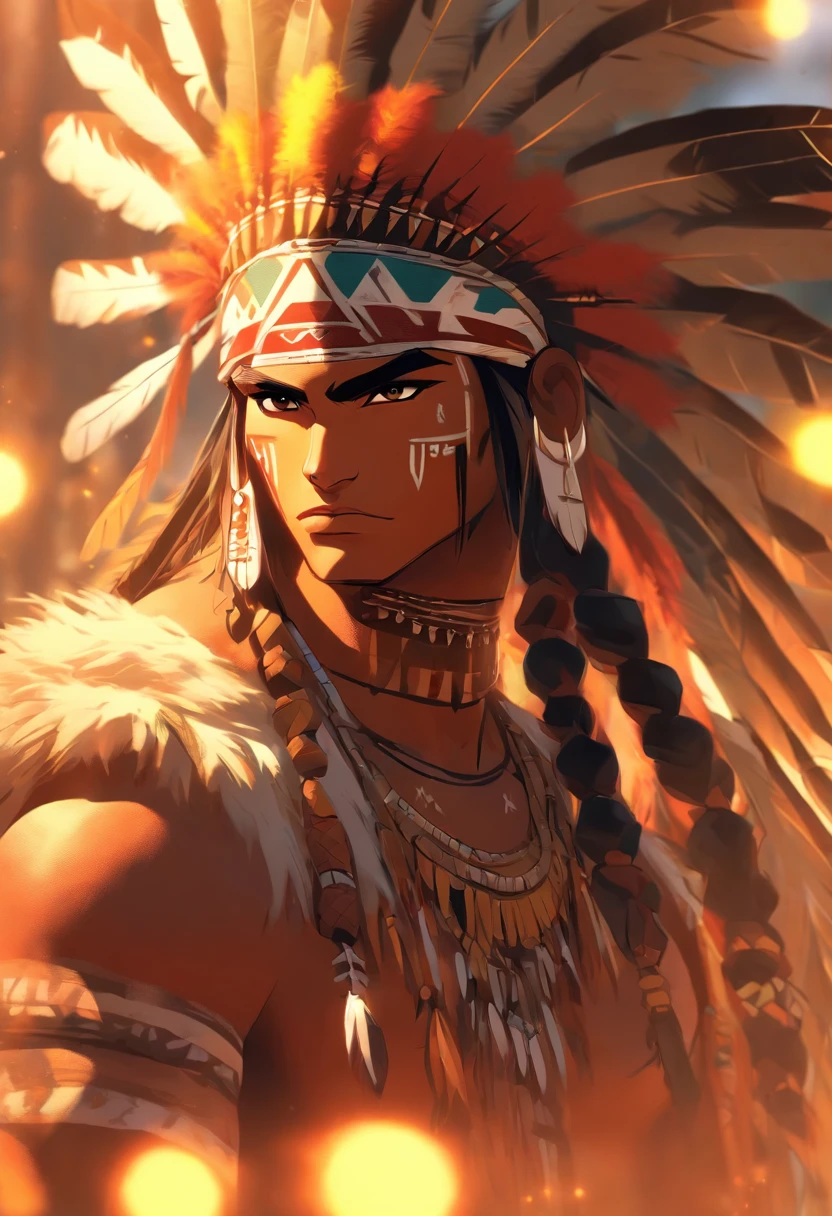 Indian tribe, male, muscular, wearing fur on the head