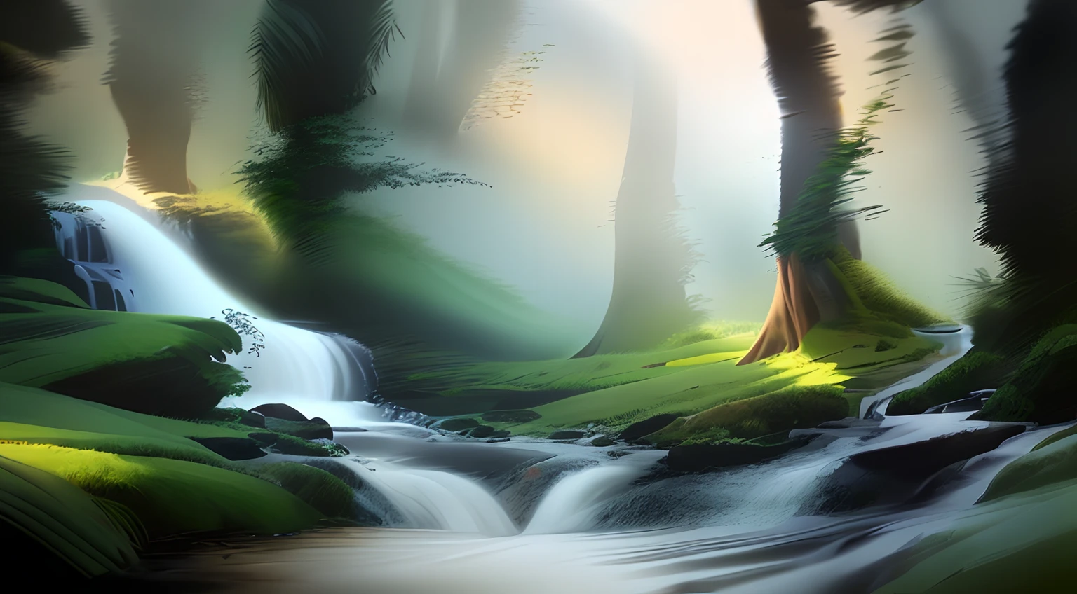 a close up of a stream running through a lush green valley,  art,  hyperrealism, daily art, realism