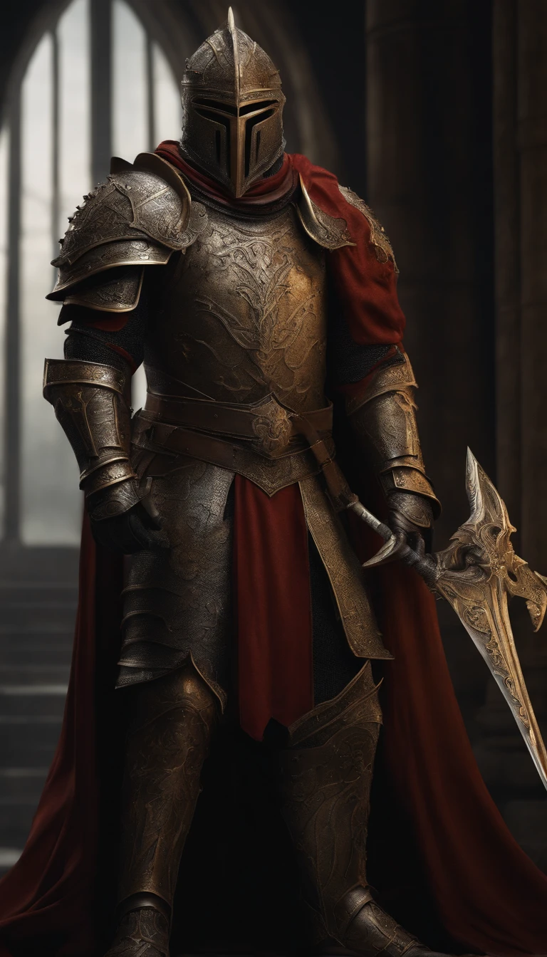 (Best quality,4K,8K,A high resolution,Masterpiece:1.2),Ultra-detailed,(Realistic,Photorealistic,photo-realistic:1.37),A sword-wielding demon armor warrior stood in the hall, Full body portrait of the mysterious knight, Wearing heavy armor,Behind him is a black cloak with a gorgeous pattern,A sacred warrior wielding a legendary sword, Mythical warriors in full-body armor, A golden knight with divine armor, The helmet is decorated with the devil's horns, The eyes glow blood-red, Concept art for glorious figures, Crimson Armor Knight, Epic Paladin armor, Holy medieval knight, Hold a long sword in one hand,Blades embedded in the earth, submission, Full body shot.