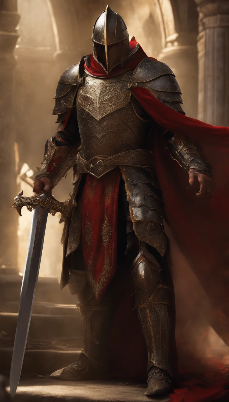 (Best quality,4K,8K,A high resolution,Masterpiece:1.2),Ultra-detailed,(Realistic,Photorealistic,photo-realistic:1.37),A sword-wielding demon armor warrior stood in the hall, Full body portrait of the mysterious knight, Wearing heavy armor，Behind him is a black cloak with a gorgeous pattern，A sacred warrior wielding a legendary sword, Mythical warriors in full-body armor, A golden knight with divine armor, The helmet is decorated with the devil's horns, The eyes glow blood-red, Concept art for glorious figures, Crimson Armor Knight, Epic Paladin armor, Holy medieval knight, Hold a long sword in one hand，Blades embedded in the earth, submission, Full body shot.