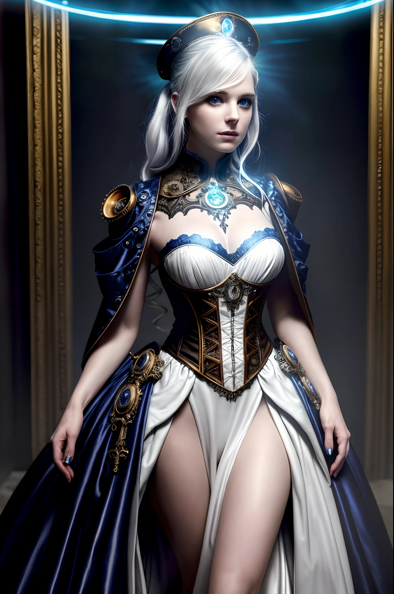 Masterpiece, RAW photo, hyper photorealistic, Full length portrait, Dramatic shadows, (((Best Quality))), highly detailed, cute sexy Erin Moriarty, detailed perfect eyes, luminism, 8k resolution, WLOP, realistic steampunk, fractal isometrics details bioluminescens, white platinum hair, intricately detailed, cinematic, Centered cover photo, awesome full color, dark atmosphere, white and blue exotic minimal dress, blurred steampunk  background,
