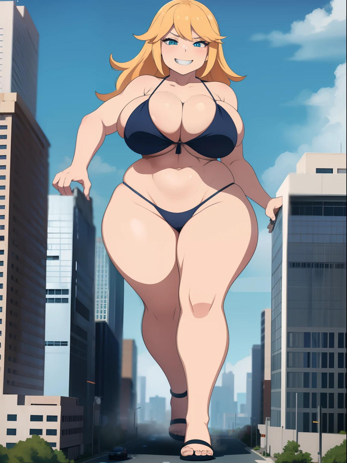 Giantess in a bikini, curvy, busty, grin, evil, thick thighs, stepping, walking, full body shot, aerial view