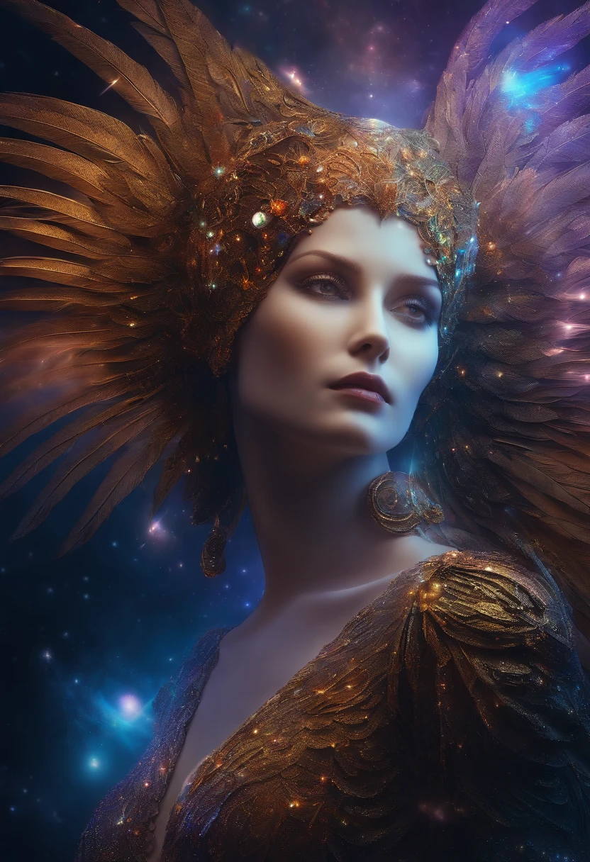 Cosmic fallen angel, Des yeux clairs brillants, Biomechanical, odd, flippant, cauchemardesque, Very bright colors, Light particles, with bright light, Mshiff, Art du papier peint, UHD wallpaper