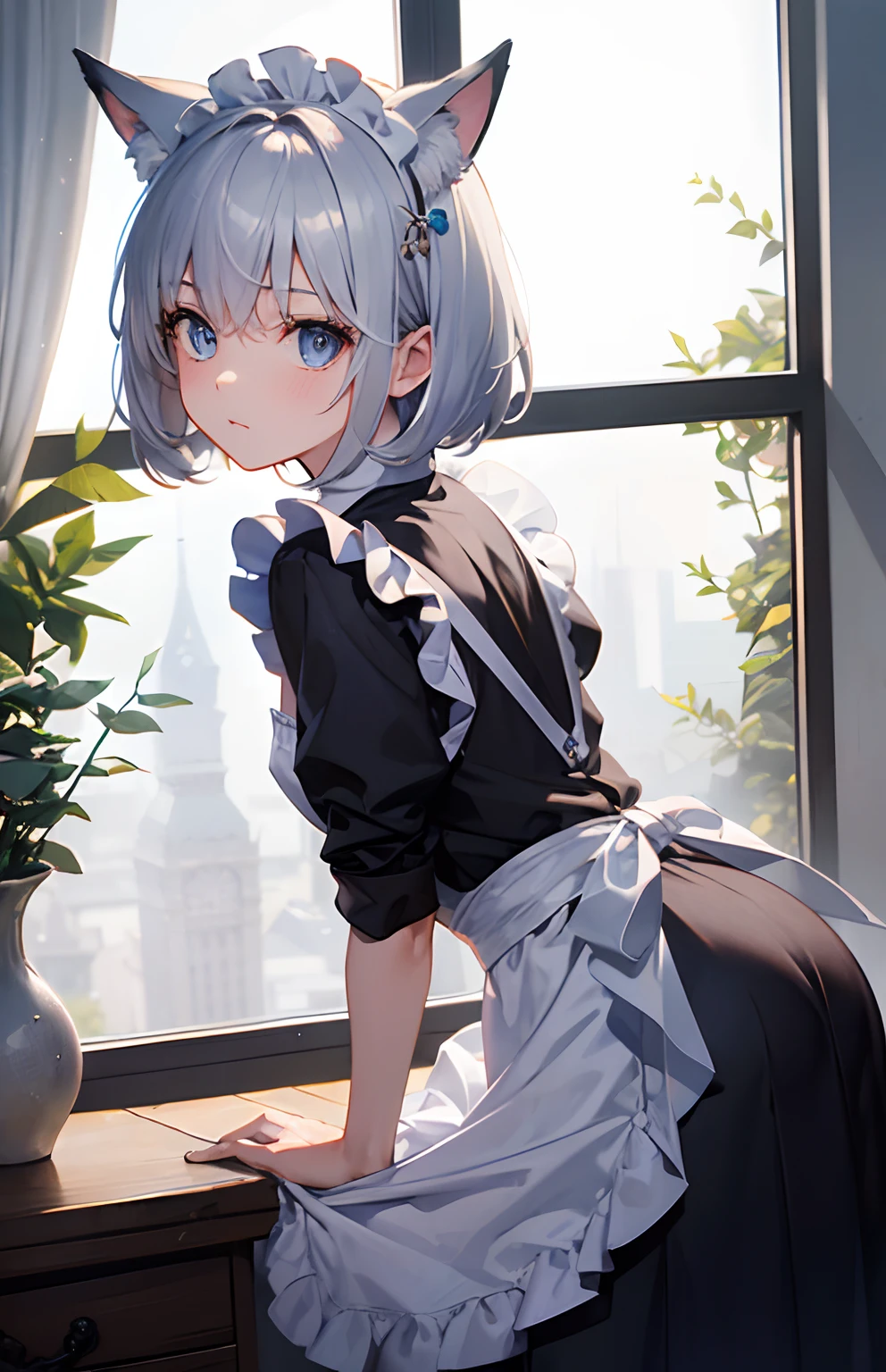 ​masterpiece,Top image quality,hight resolution,imagem 4k,Raw photo,Photorealsitic,{Solo},teens girl,silber hair,Bery short hair,stare at each other,Blue eyes,小柄,Silver fox ears,Fox tail,,Shy face,,boyish,maid clothes,Apron Dresses,frilld,Cleaning windows、s ass
