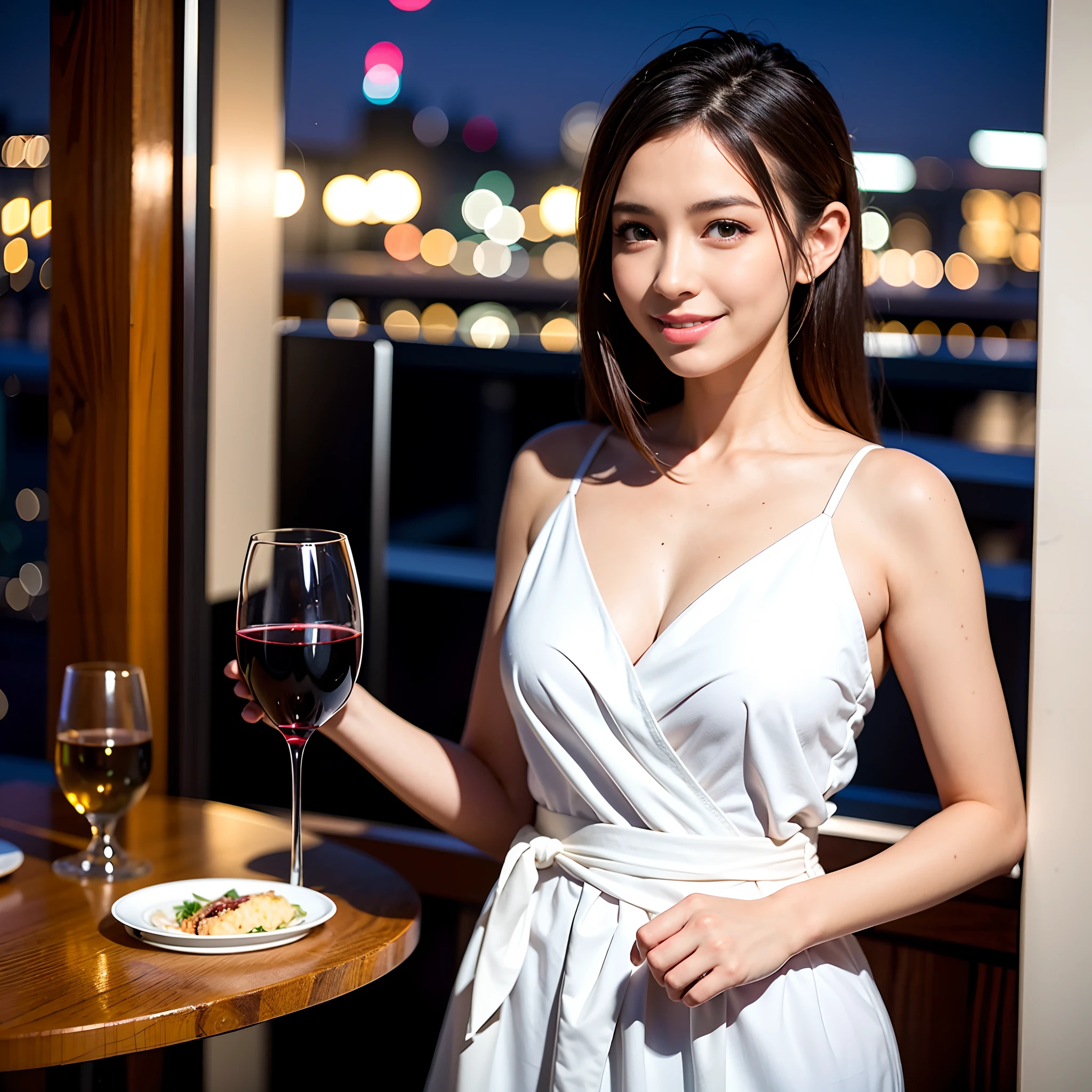 (64K, UHD, top quality, masterpiece: 1.2), (realistic, photorealistic: 1.37), super detailed, pretty woman 1 person, (slim face), (slim body), (brown hair), (short cut), cheeks slightly blushing, (35 years old), 38 years old, solo, beautiful detailed urban night view outside the window, restaurant, wine glasses sit, at night, in a prominent place (from the waist up) NovaFrogStyle, Actress, Model, Waist Up, White Wine, Slim, Wine Glass, Super Clean Night View, Wine Glass Put in the Middle, Happy Smile, (Smile: 1.15), Beautiful Fine Eyes, Upper Body, Bust Japan Up, Night, Short, Short, Actress, Model, Waist Up, White Wine, Slim, Wine Glass, Super Clean Night View, Wine Glass Put in the Middle, Happy Smile,