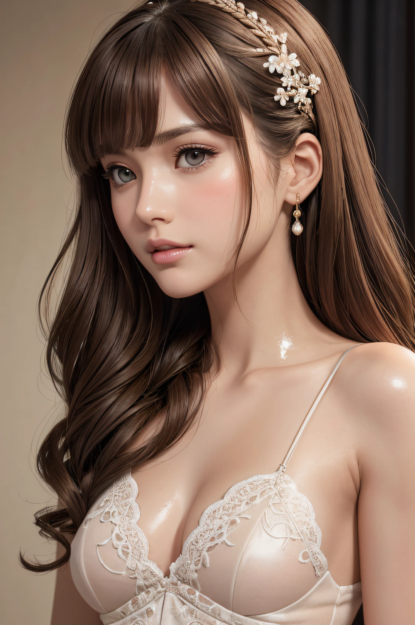 (masutepiece:1.3), High resolution, ultra-detailliert, the Extremely Detailed CG Unity 8K Wallpapers, Realistic, Photorealsitic, Raw photo, beautifull detailed face, Facial balance is the golden ratio、pale skin, realistic glistening skin, Detailed Cloth Texture, detailed hair texture, Perfect body, Beautiful face, acurate, Anatomically correct, Highly detailed face and skin texture, Natural neck length, (Fair skin:1.2), thin legs, Thin feet, (Aligned teeth:1.1), Sweaty skin, BREAK, Detailed eyes, symmetrical eye, Light brown eyes, Double eyelids, Thin eyebrows, (Sleepy eyes:1.1), (Glossy lips:1.4), (Mouth waiting for a kiss:1.2), (blush:1.2), (Small hair accessories that sparkle:1.1), BREAK, (classy girl:1.3), (Wearing (doress:1.2) With a white floral pattern), BREAK, ((Close Up Shot:1.2)), medium breasts, Slender figure, Firm abs, ((up do hairstyle, Dark blonde hair, Wavy Hair, Long hair:1.1)), ((asymmetric bangs:1.2)),
