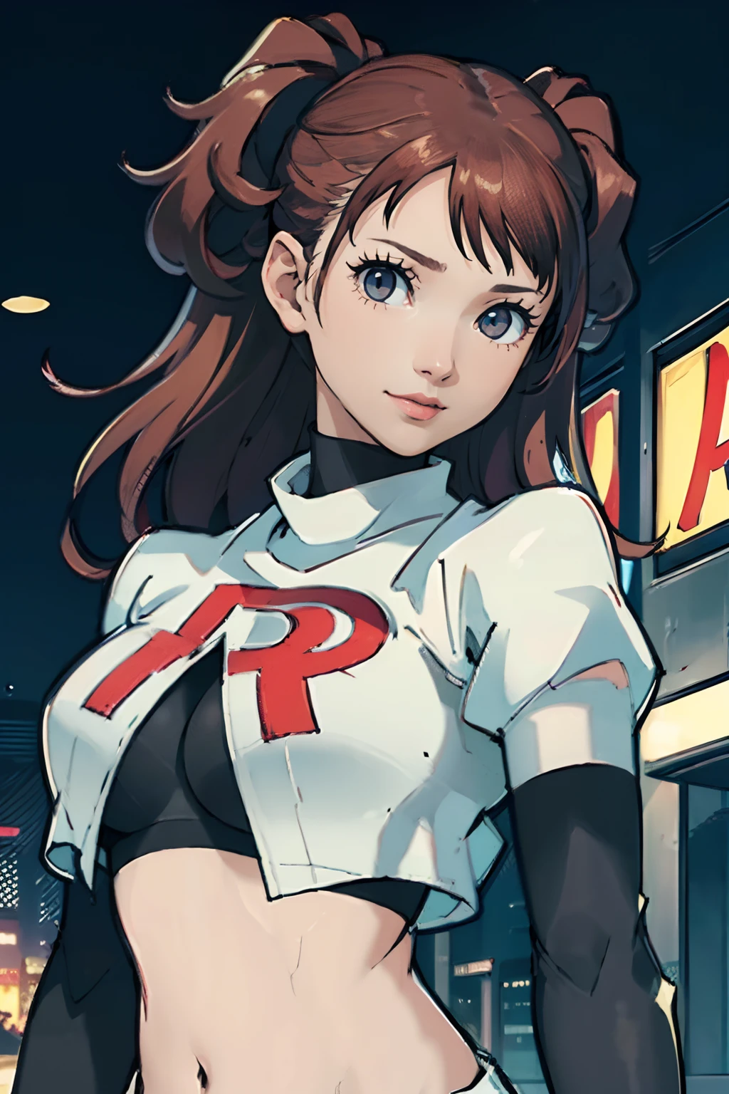 (best quality,highres:1.2),ultra-detailed,realistic,concept artists,portrait,anime,portrait,extremely detailed eyes and face,beautiful detailed eyes,beautiful detailed lips,long eyelashes,evil smile,team rocket uniform,white skirt,crop top,black thigh-highs,black elbow gloves,city background,street scene,lamp post,dynamic pose,confident expression,vivid colors,studio lighting,shadows,bokeh