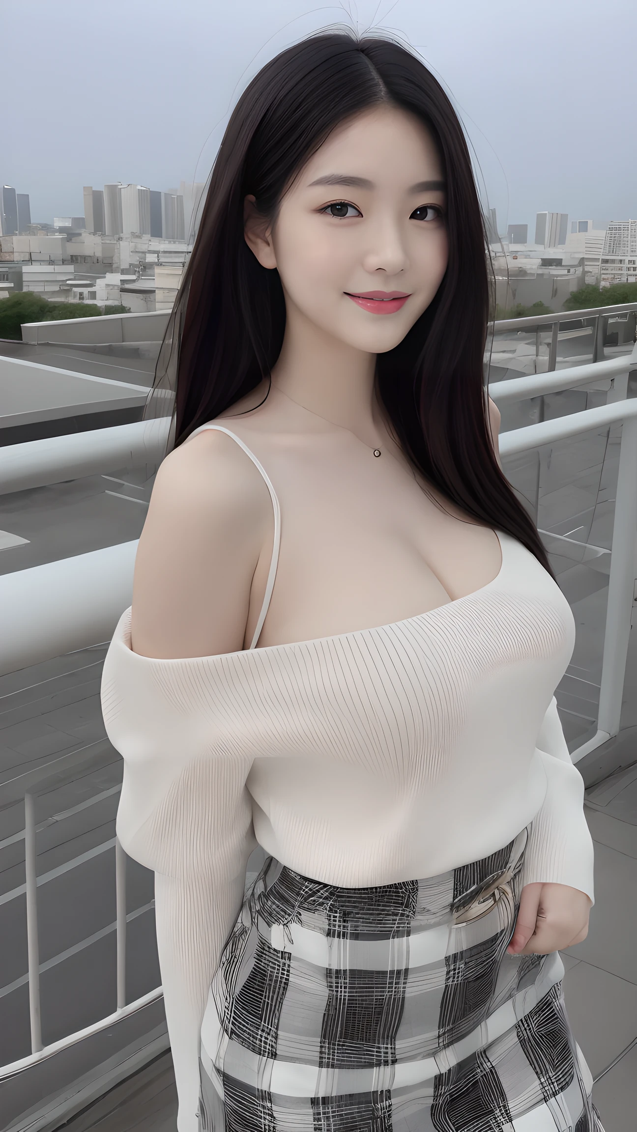 , long windblown [blue-black:.3] hair,looking at viewer, (masterpiece:1.3), (8k, photorealistic, RAW photo, best quality: 1.4), japanese, (1girl), beautiful face, (realistic face), (black hair, medium hair:1.3), beautiful hairstyle, realistic eyes, beautiful detailed eyes, (realistic skin), beautiful skin, attractive, ultra high res, ultra realistic, highly detailed, golden ratio, blue fluffy loose sweater and black plaid skirt, long sleeve one-shoulder sweater, standing, front view, open stance, model posing, upper body, sagging breasts, happy smile, night rooftop, city view, ultra detailed, hyper sharp, sharp focus, K-pop idol, J-pop idol, busty, large breasted, sagging brested,