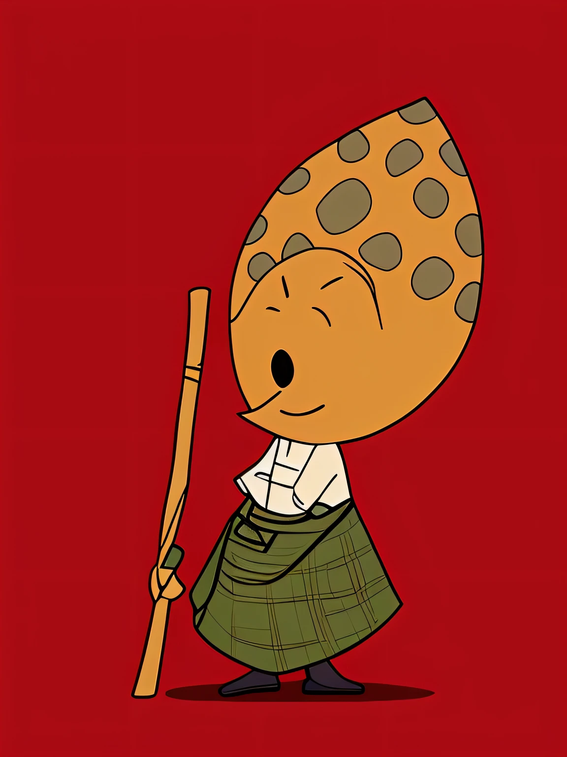 cartoon drawing of a man with a hat and a stick, um personagem baseado em um haggis, mascote de cereais, Samurai sapo, inspired by Tawaraya Sōtatsu, pancake flat head, toad philosopher the thinker, inspirado em Sadao Watanabe, anthropomorphic turtle humanoid, japanese god, O Deus do Propano